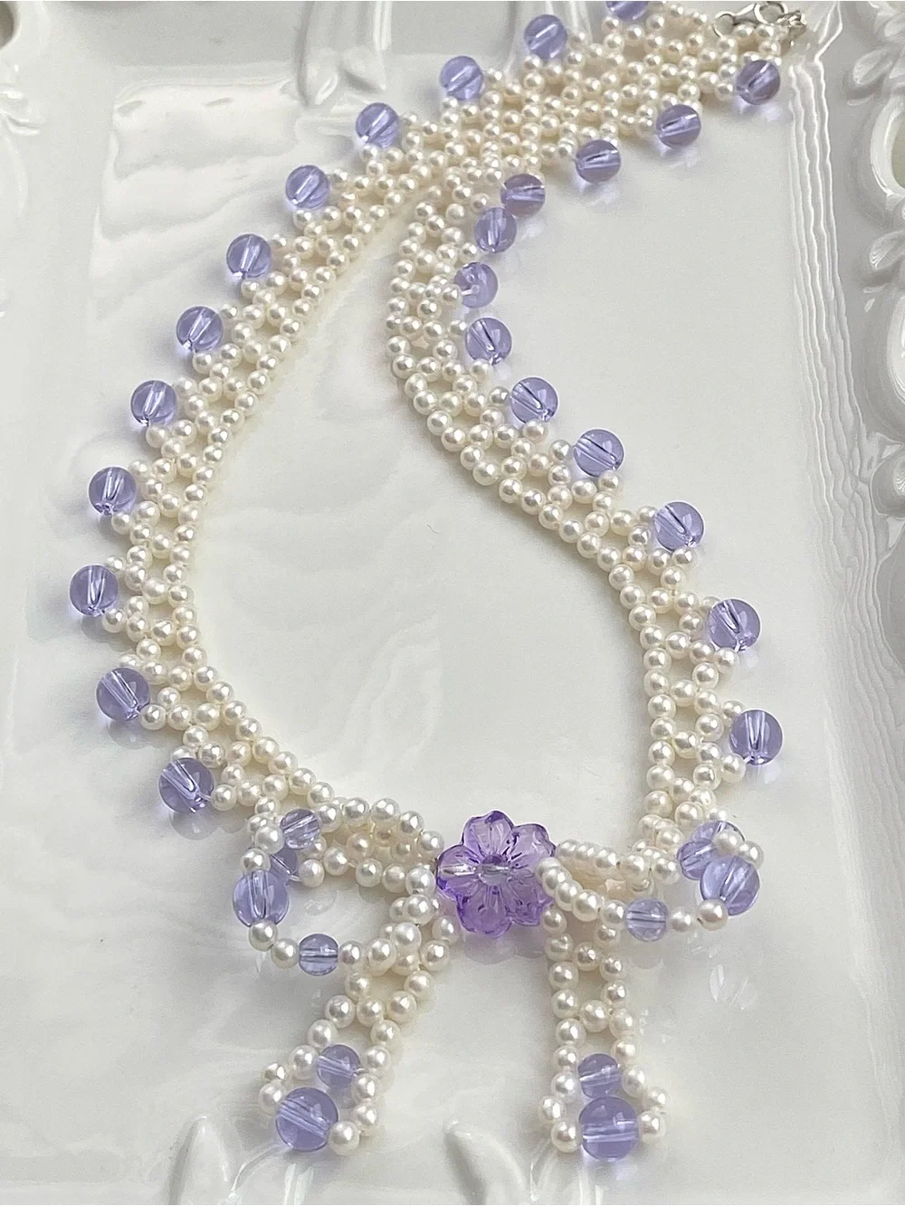 GP88-Handmade Braided High Quality Round Baby Pearl And Amethyst Bow Necklace